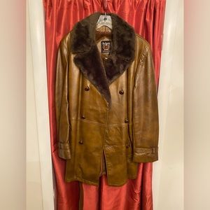 Schott Brothers double breasted brown leather belted trench coat with fur.